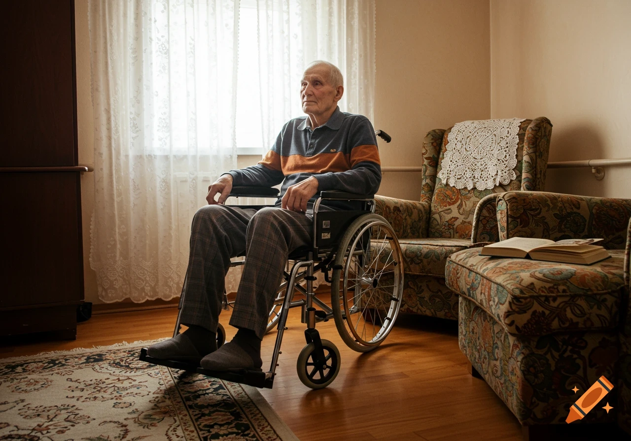 An elderly man in a wheelchair sits by a window in a cozy room, looking thoughtfully.
