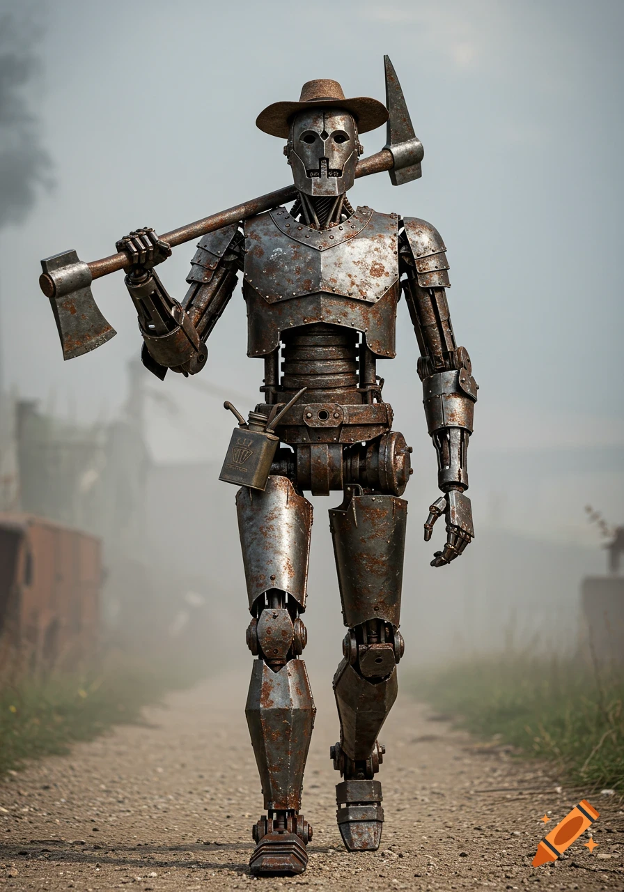 A full-body, photorealistic image of a rusty, armored robot wearing a hat, carrying an axe on its shoulder, walking on a dirt road.