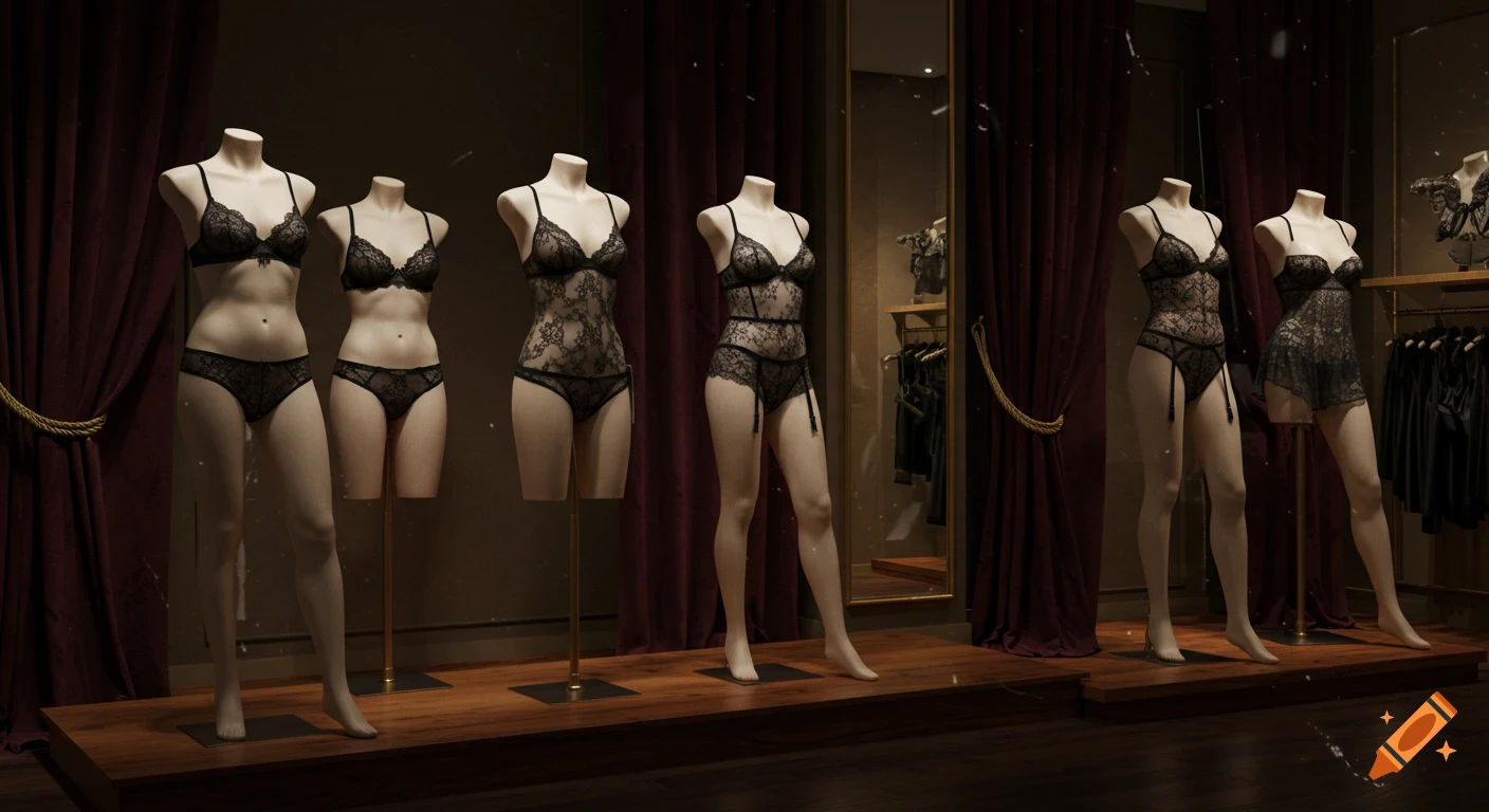 A realistic store display with mannequins showcasing elegant lacy black lingerie in a luxurious boutique setting.
