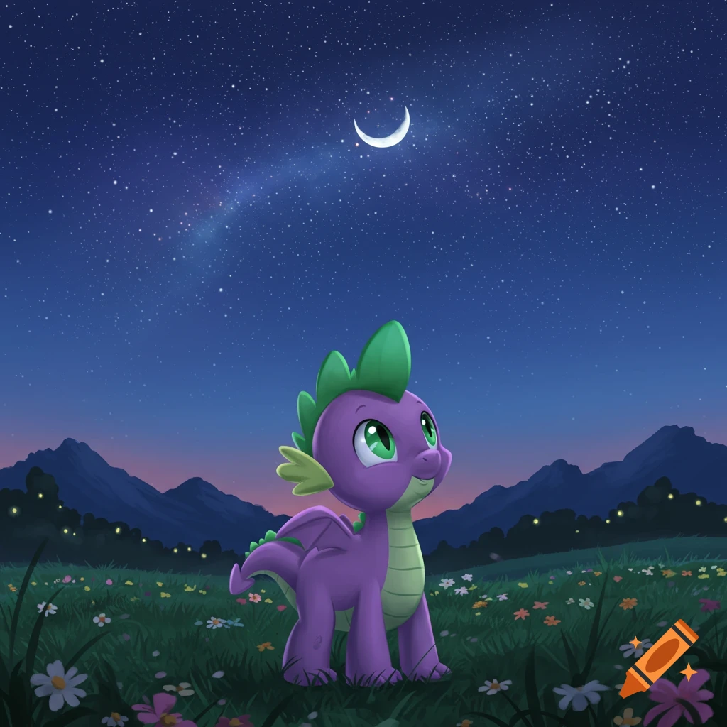 Cartoon purple dragon Spike looking up at a starry night sky with a crescent moon over a flowery field and mountains.