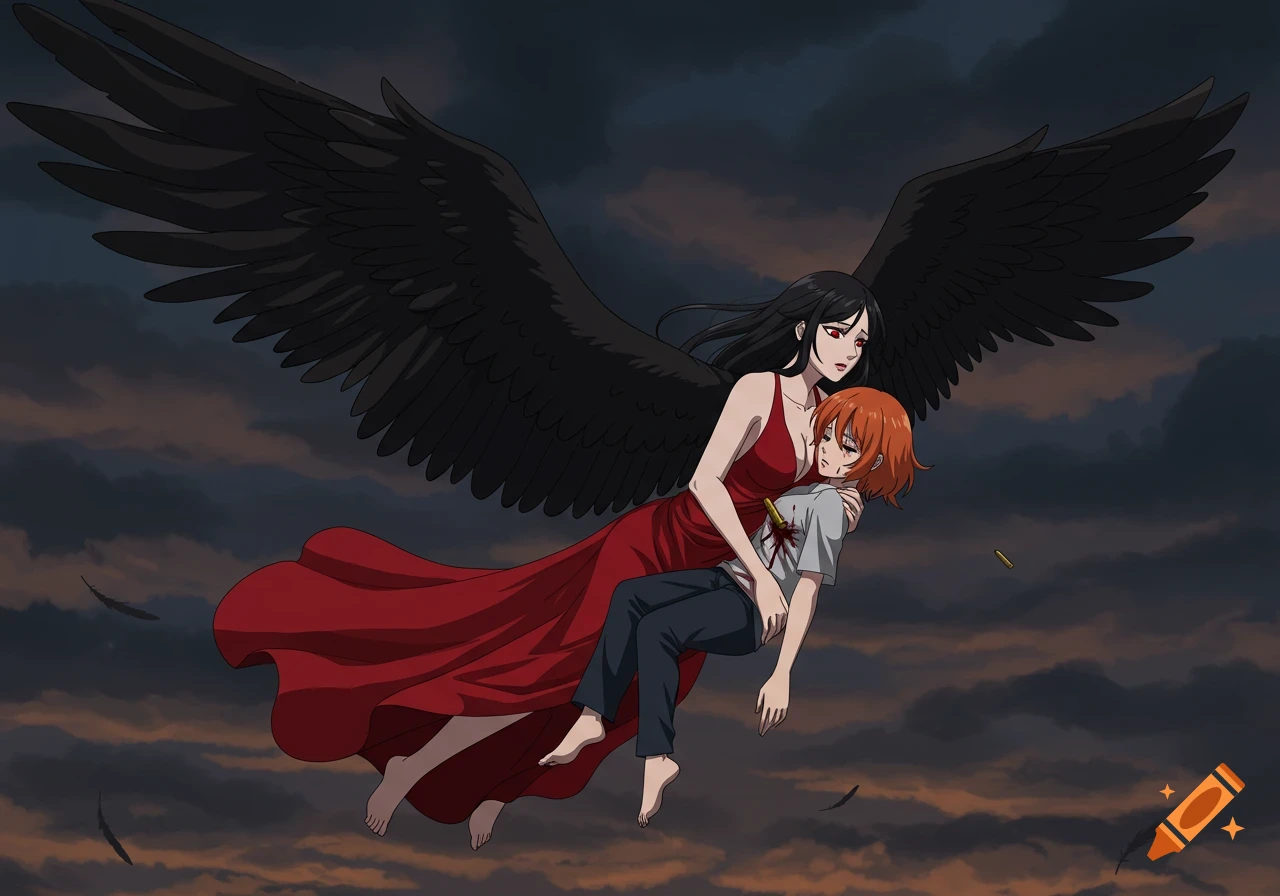 Anime art of a black-winged woman in a red dress flying through a cloudy sky, carrying an injured, bleeding woman.