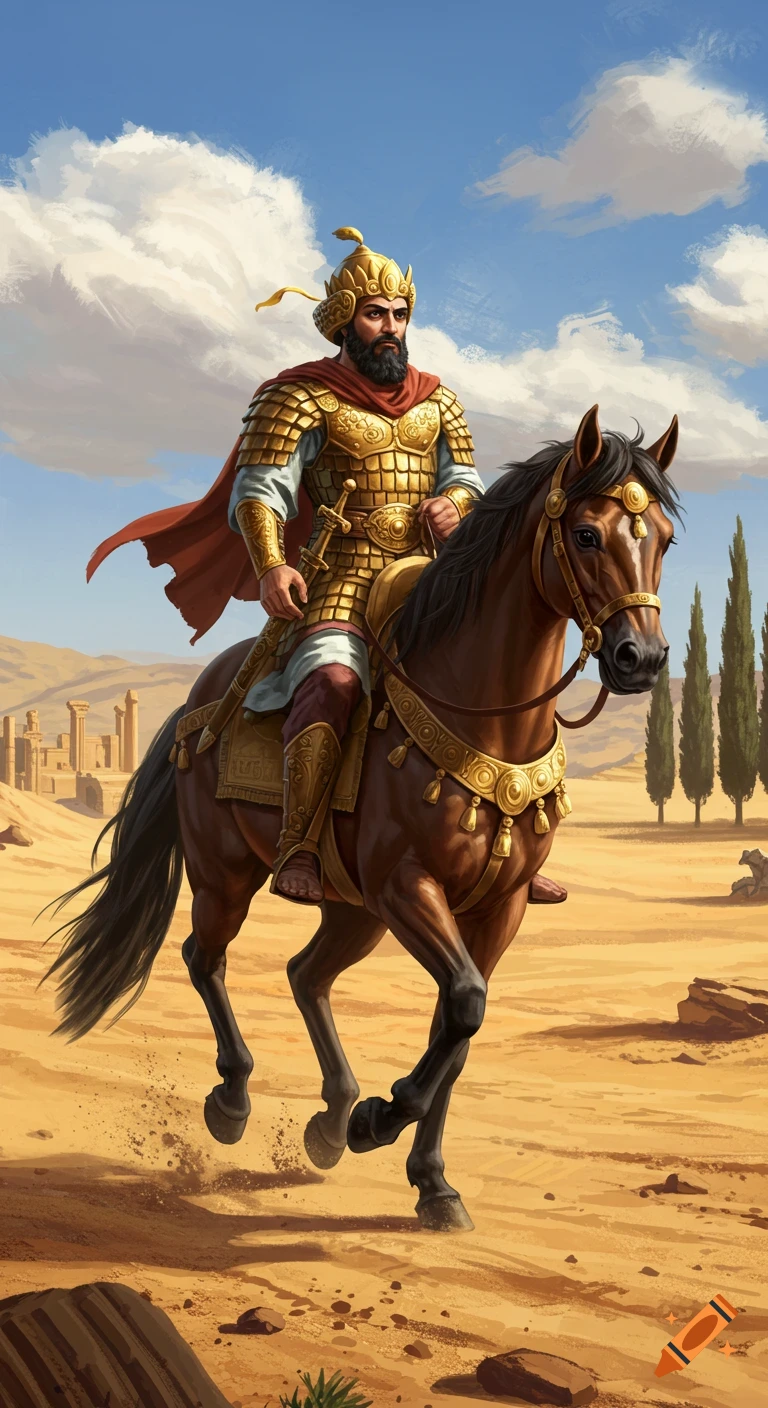 A bearded warrior in golden armor and red cape rides a brown horse through a desert landscape with ancient ruins.