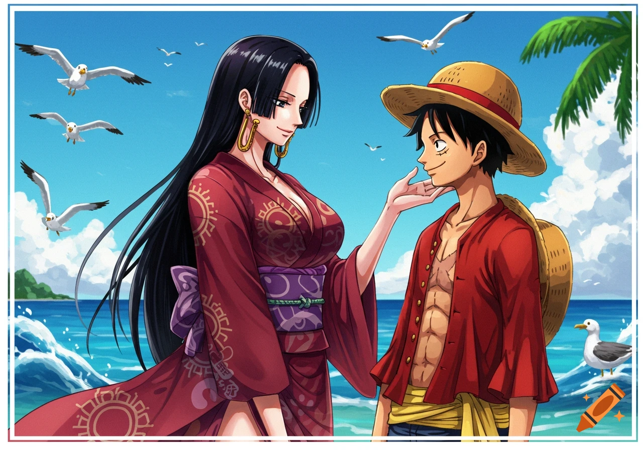 Anime characters Boa Hancock and Luffy share a tender moment on a sunny tropical beach, with seagulls flying above.