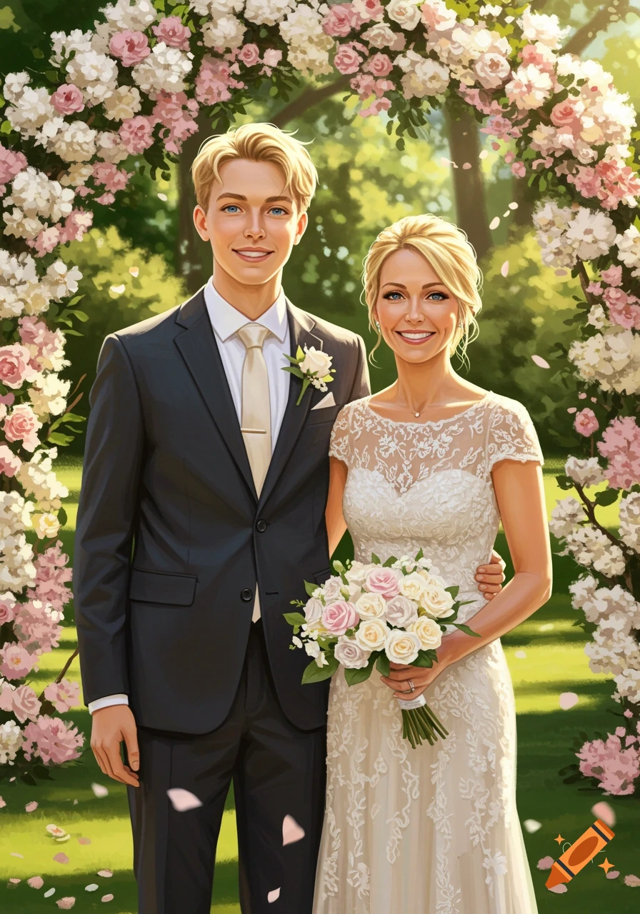 A blonde couple smiling at their outdoor wedding, surrounded by a floral arch and holding a bouquet.