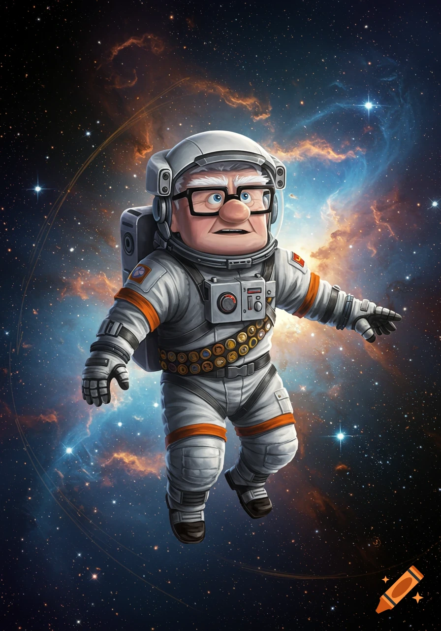 Carl Fredricksen from Up in a white spacesuit floats in a vibrant nebula-filled space, surrounded by stars.