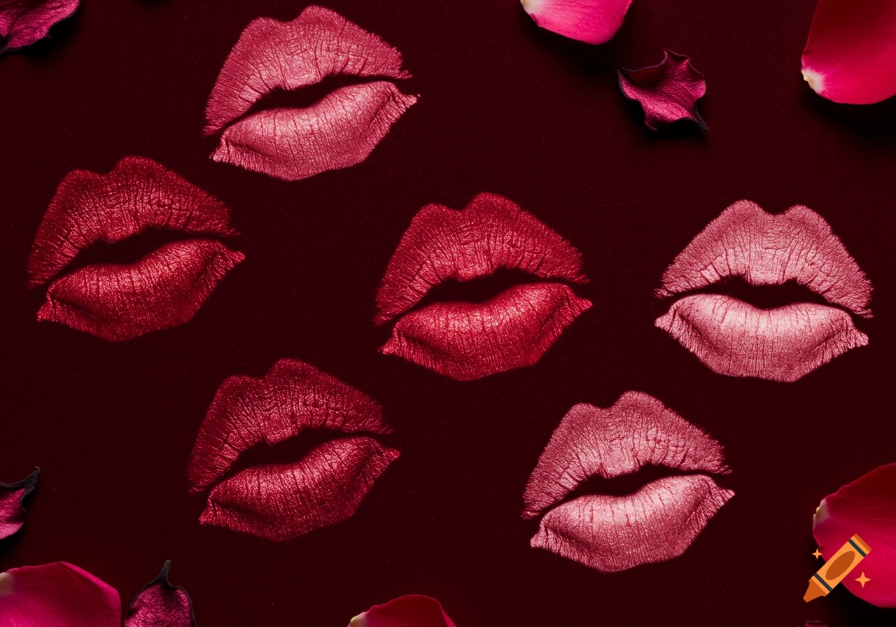 Multiple red and pink lipstick marks and rose petals on a dark red background.