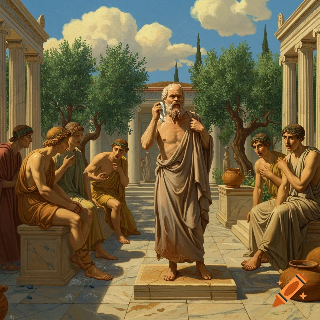 Socrates stands bare-chested, wiping his face in an ancient Greek courtyard while speaking to his students.