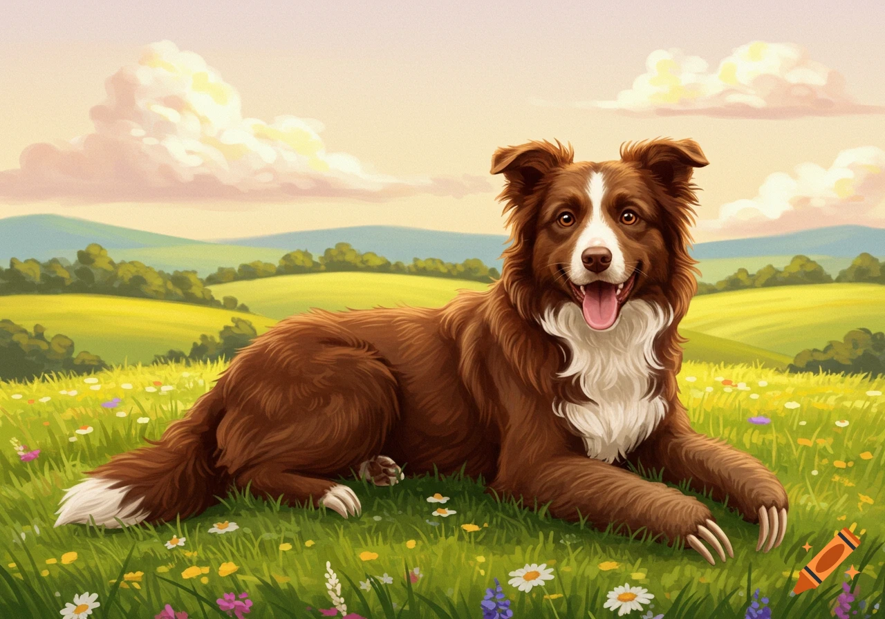 A smiling chocolate Border Collie with long claws lies in a vibrant, illustrated field of wildflowers.