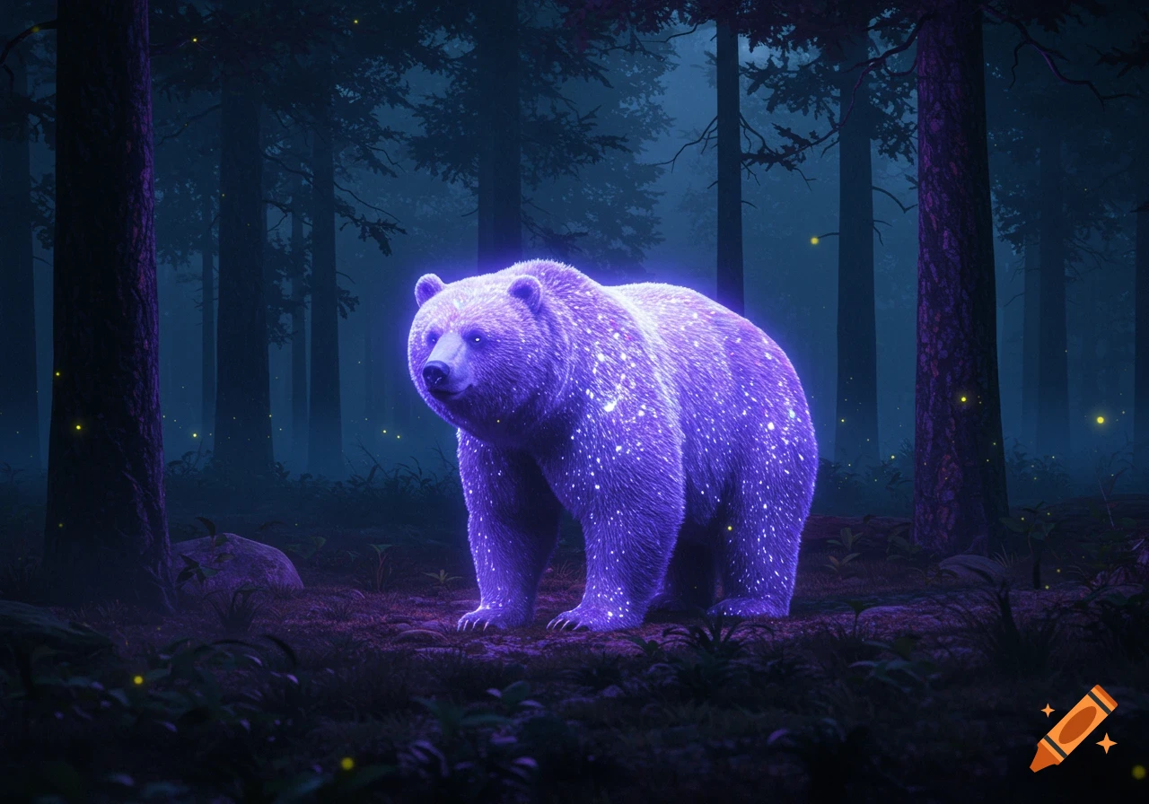 A glowing purple bear with shimmering fur stands in a dark, mystical forest at night, illuminated by soft light.