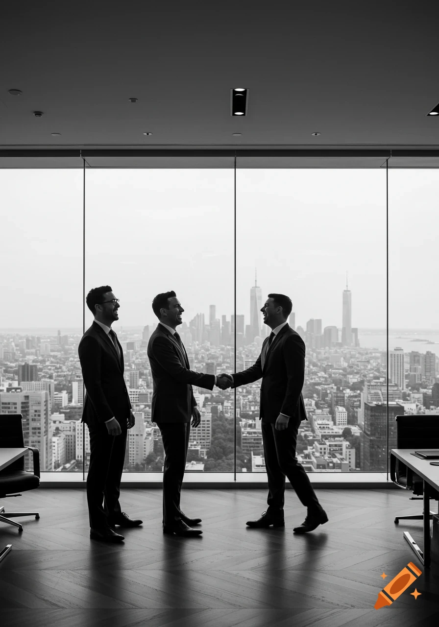 Three smiling businessmen in suits, two shaking hands, in a modern black and white office overlooking a city skyline.