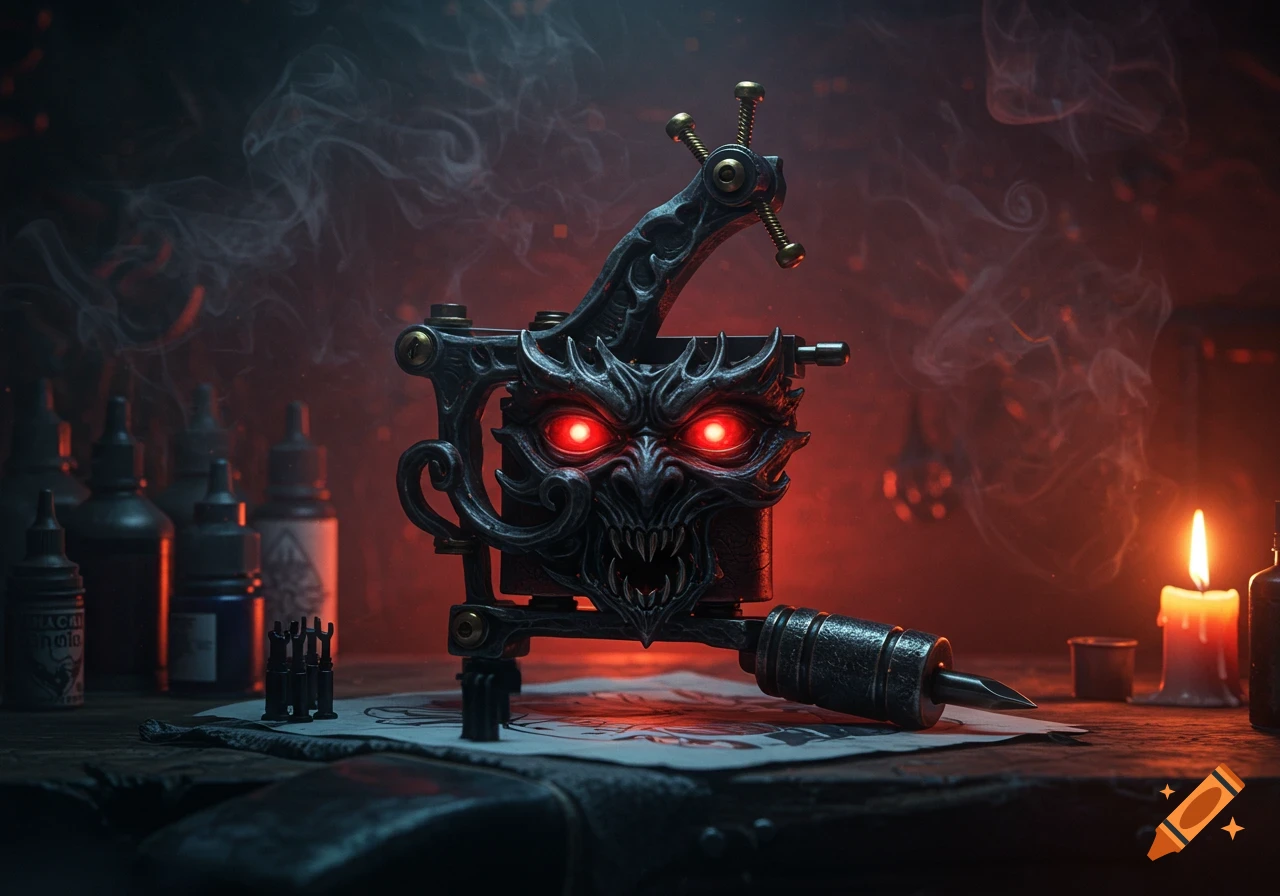A demon-faced tattoo machine with glowing red eyes sits on a table with ink bottles, candles, and smoke in a dark, gothic setting.