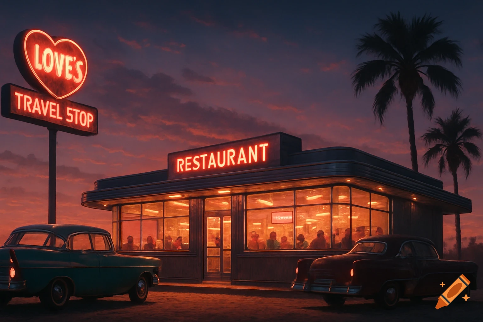 A retro diner with neon signs glowing at dusk, classic cars parked outside, and palm trees under a vibrant sky.