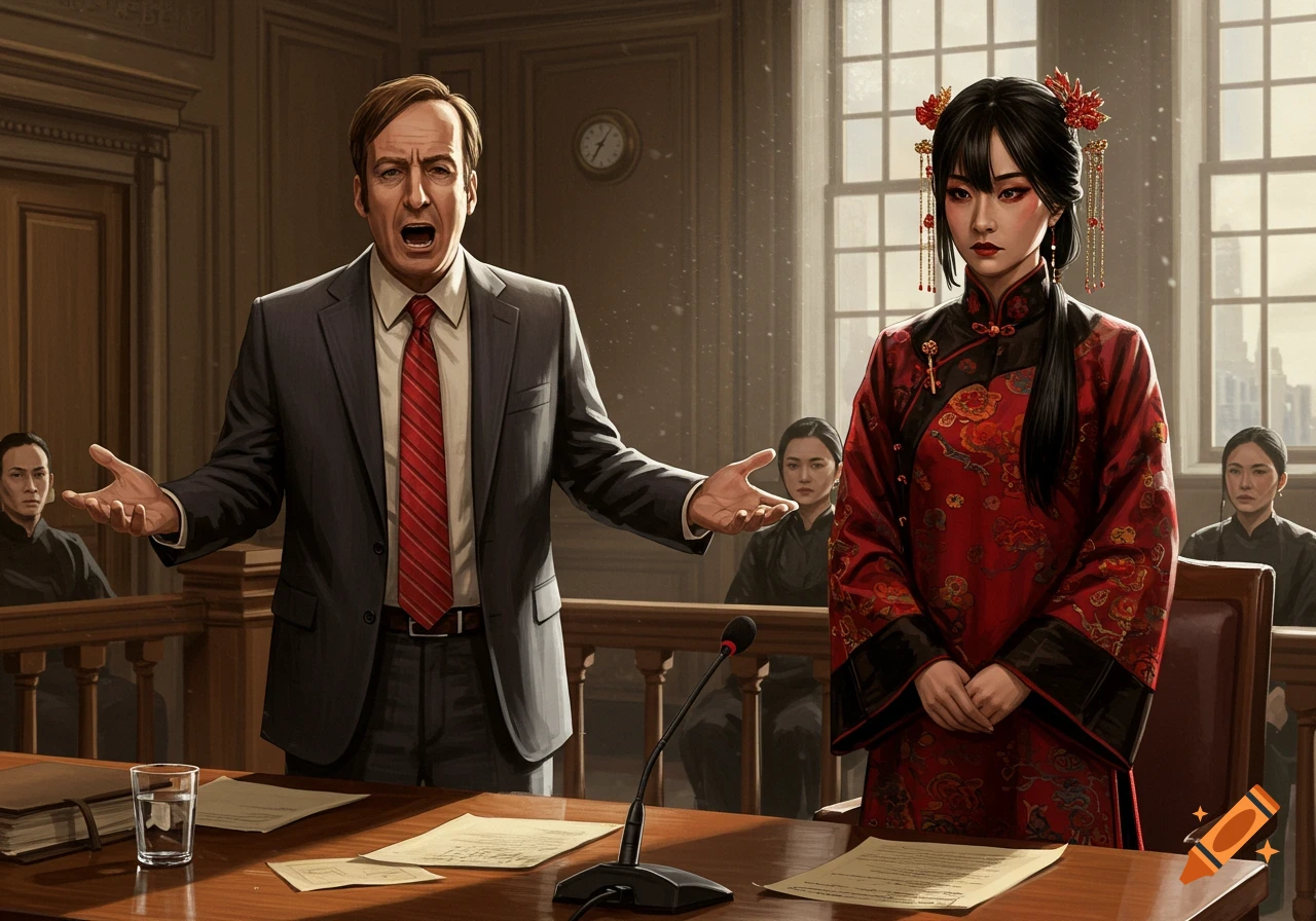 Digital painting of Saul Goodman passionately addressing a courtroom, with Hu Tao standing stoically beside him, in a legal drama scene.