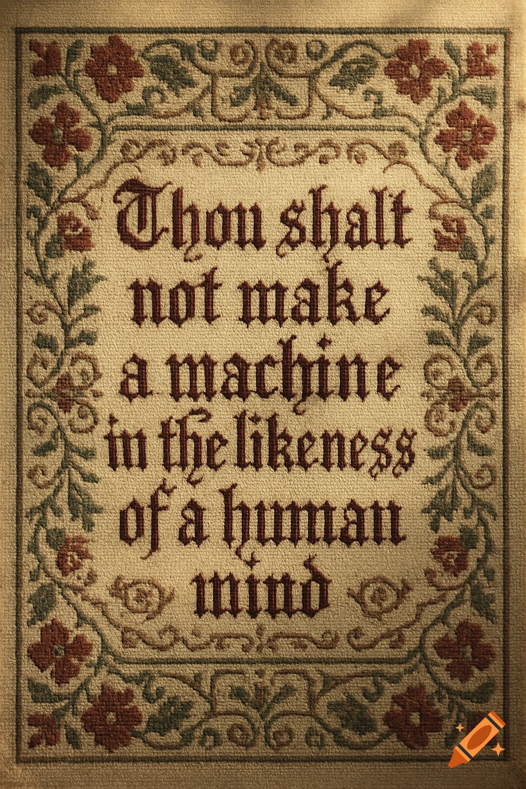 An old-timey cross-stitch piece with the quote 'Thou shalt not make a machine in the likeness of a human mind' embroidered in red text.