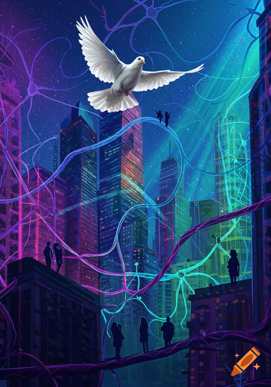 White dove flying over a surreal, vibrant city at night with glowing neuron structures and silhouetted figures on rooftops, digital art.