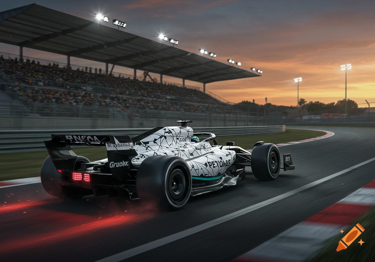 A white, black, and teal Formula 1 car races on a track at dusk, with red glowing streaks behind its tires.