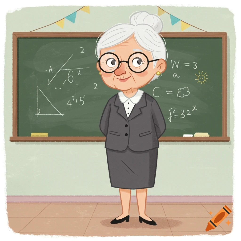 A cartoon illustration of an old lady teacher with white hair in a bun, glasses, and a grey suit, standing in front of a blackboard with math equations.