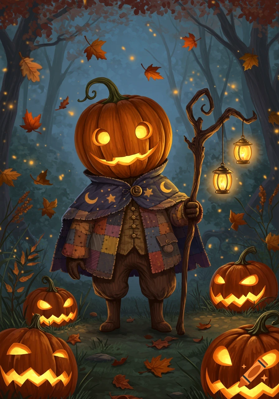 A whimsical pumpkin-headed character in a patchwork cloak holds a lantern staff, surrounded by jack-o'-lanterns and fall leaves in a magical forest.