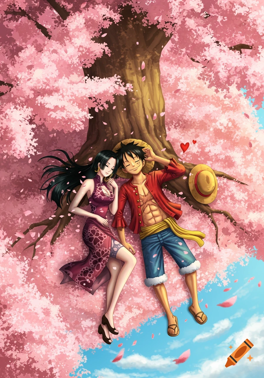 Anime characters Luffy and Hancock from One Piece lie under a pink cherry blossom tree, with petals falling around them.
