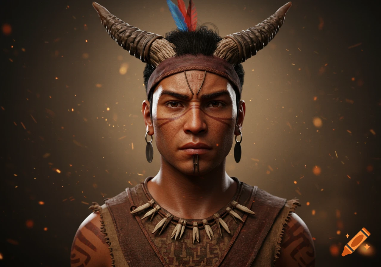 Ultrarrealistic portrait of a serious tribal man with horns, face paint, feathers, and bone necklace.