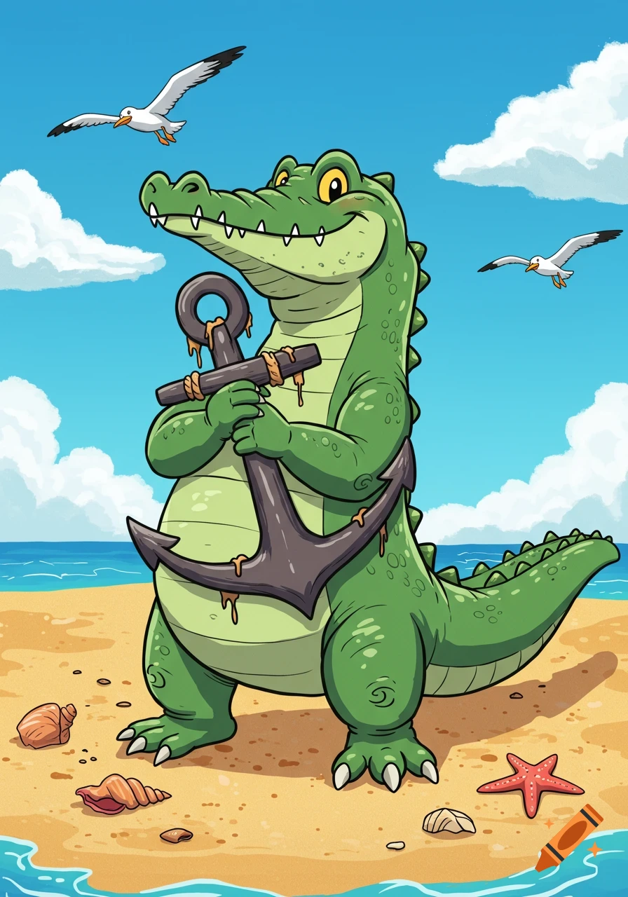 Friendly green cartoon alligator on a beach, holding a large anchor under a blue sky with seagulls.