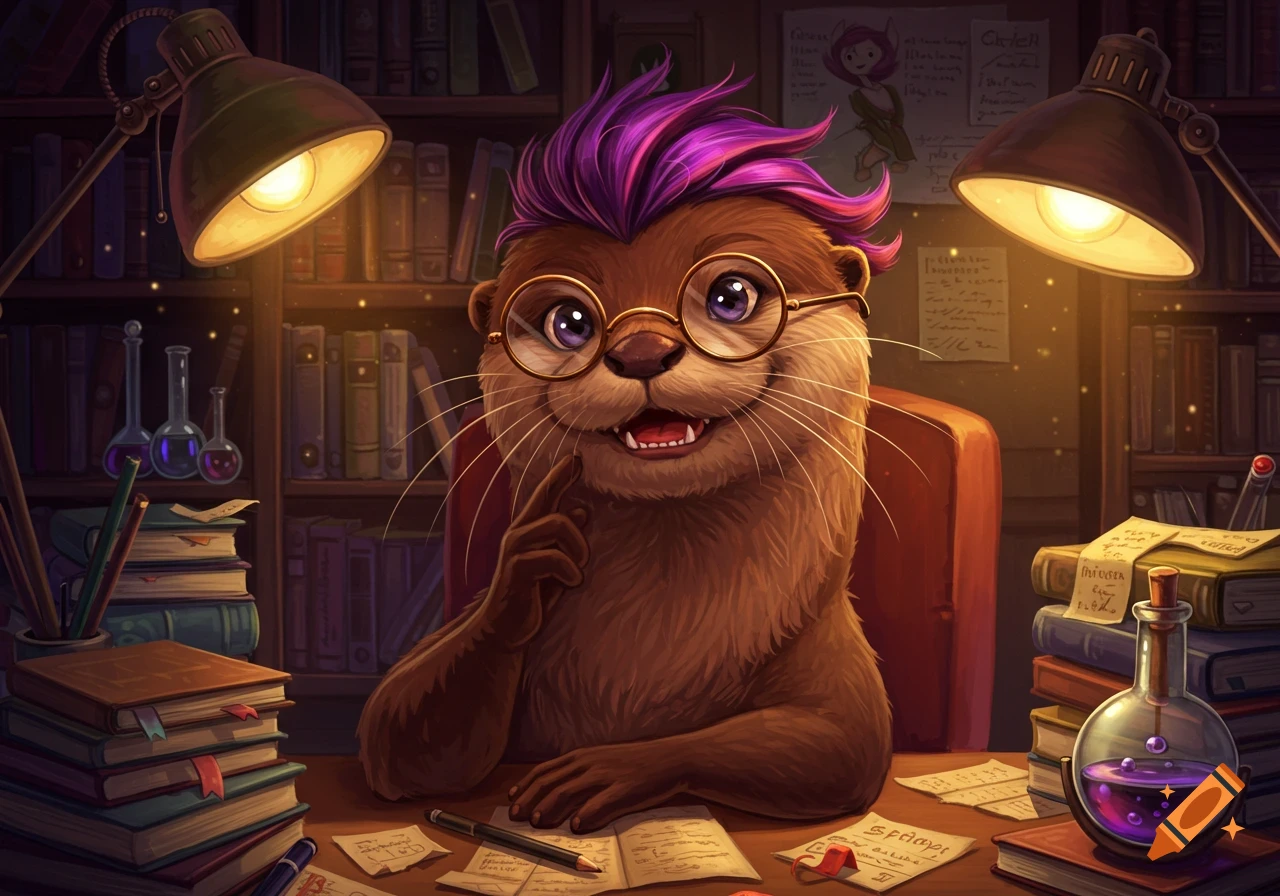 A cute brown anthropomorphic otter with purple hair and glasses smiles while studying at a cluttered desk with books and beakers in a whimsical library setting.