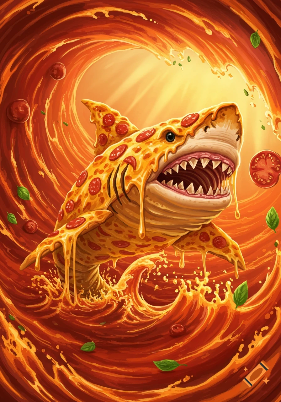 A whimsical illustration of a pizza shark covered in pepperoni and melted cheese, swimming in a swirling wave of tomato sauce.