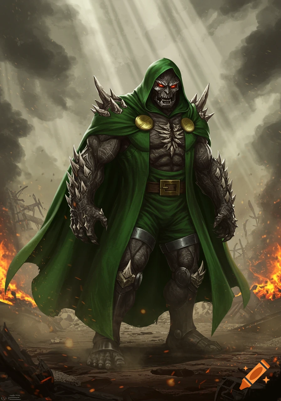 A monstrous, armored figure in a green hooded cloak stands amidst a fiery, destroyed landscape in a detailed comic art style.