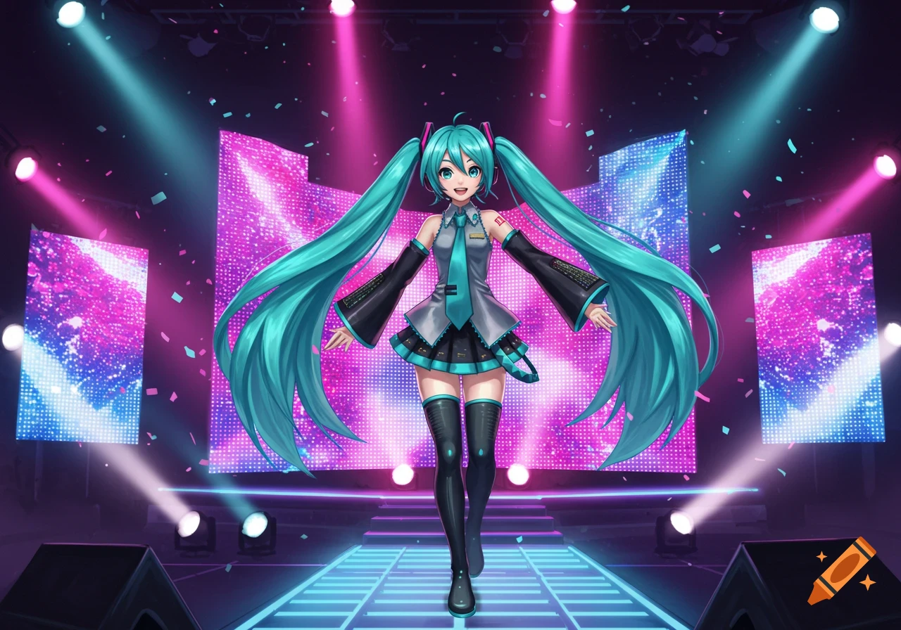 Hatsune Miku, an anime character, performs on a vibrant neon-lit stage with LED screens and falling confetti.