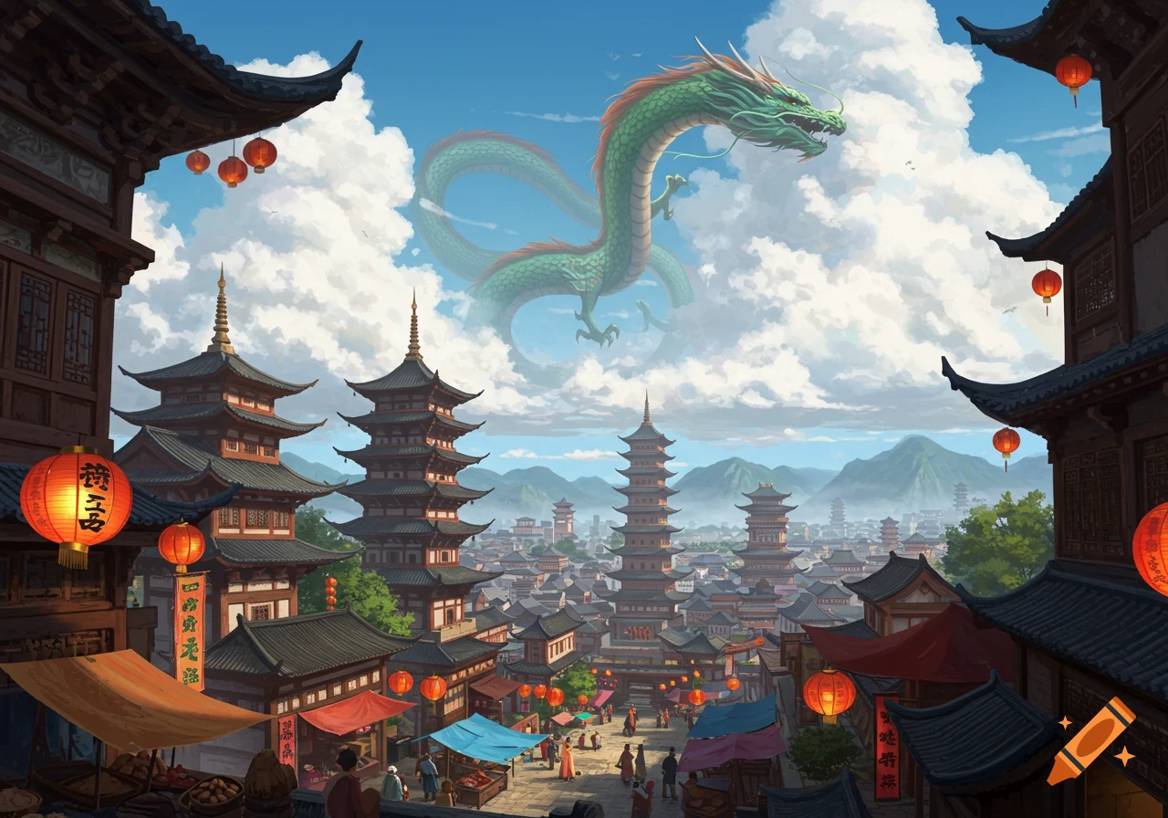 A bustling traditional Chinese city with pagodas and market stalls, overlooked by a majestic green dragon soaring through the cloudy sky.