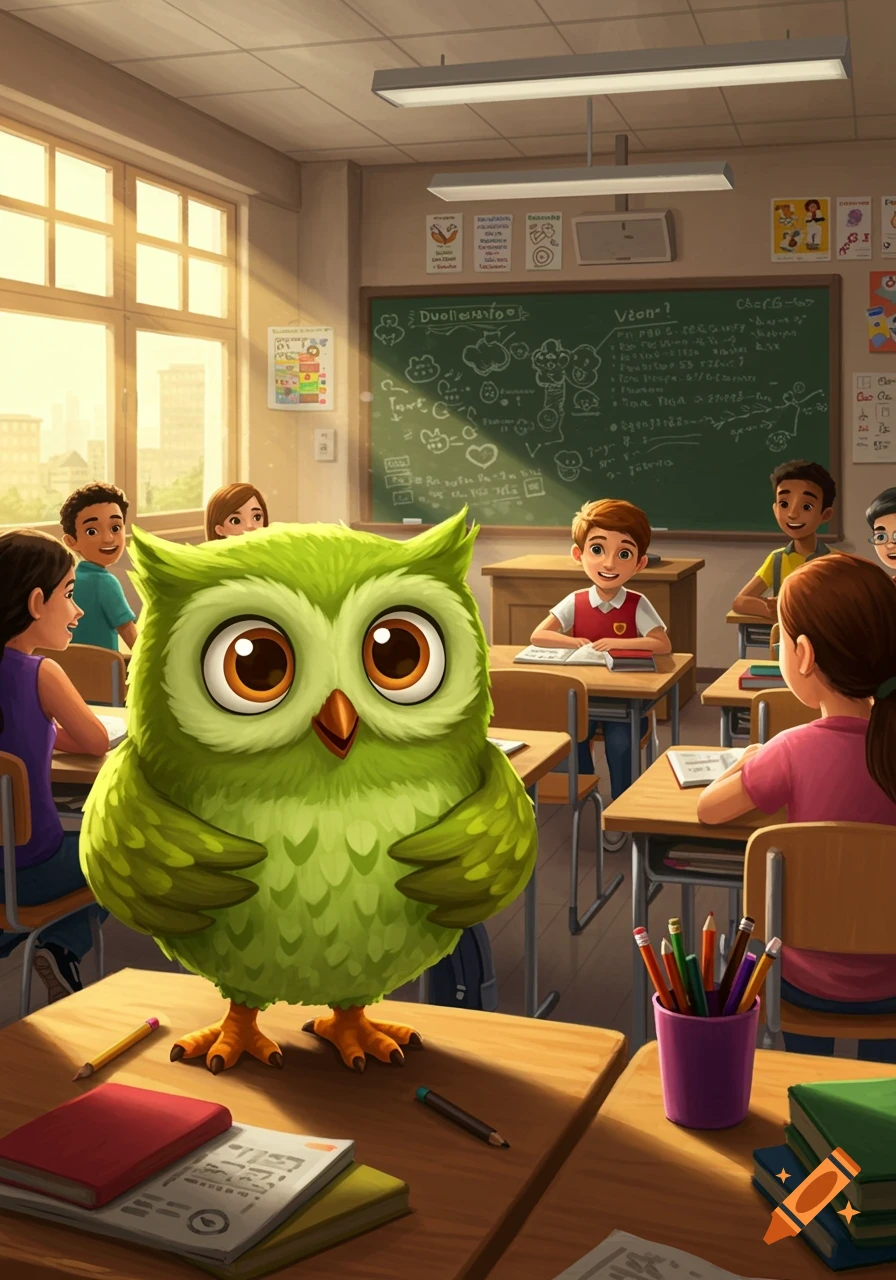 A large, friendly green cartoon owl stands on a desk in a sunny classroom filled with diverse children. There's a blackboard with drawings and text behind them.