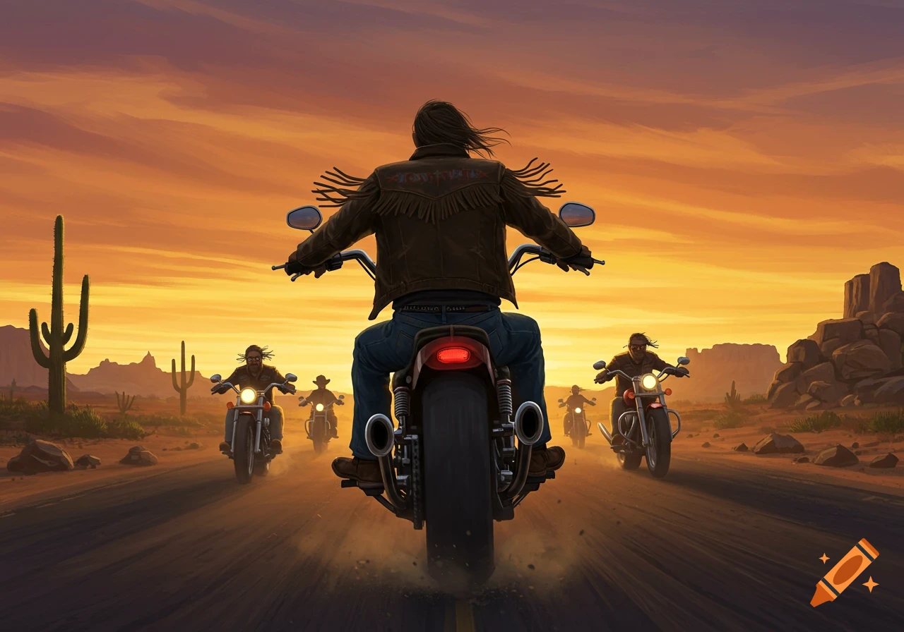 Illustrative view of bikers riding motorcycles on a desert road at sunset, seen from behind the lead rider.