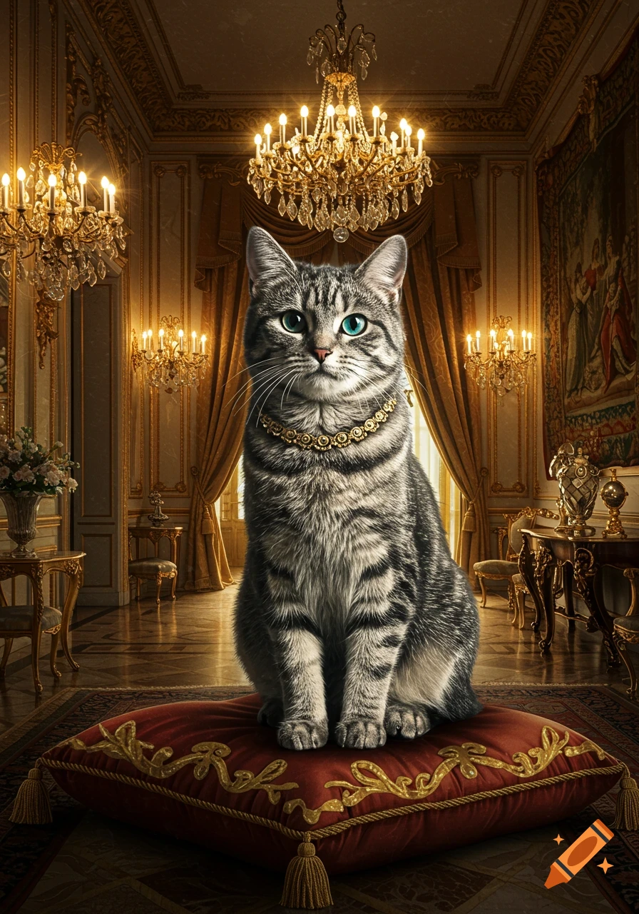 A grey tabby cat with blue eyes wearing a gold chain sits on a red velvet cushion in a luxurious room with golden chandeliers.