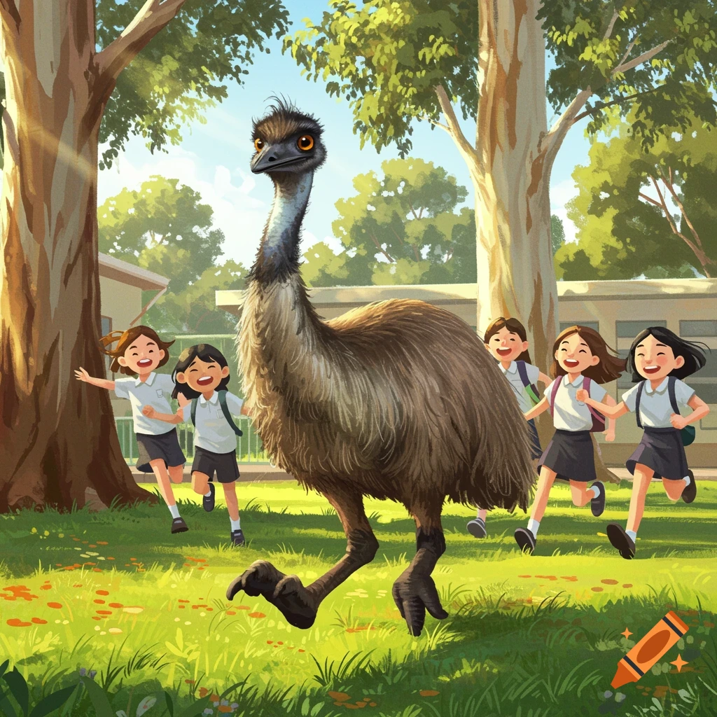 An emu walks in a sunny, grassy field with several smiling schoolgirls running happily behind it, surrounded by trees.