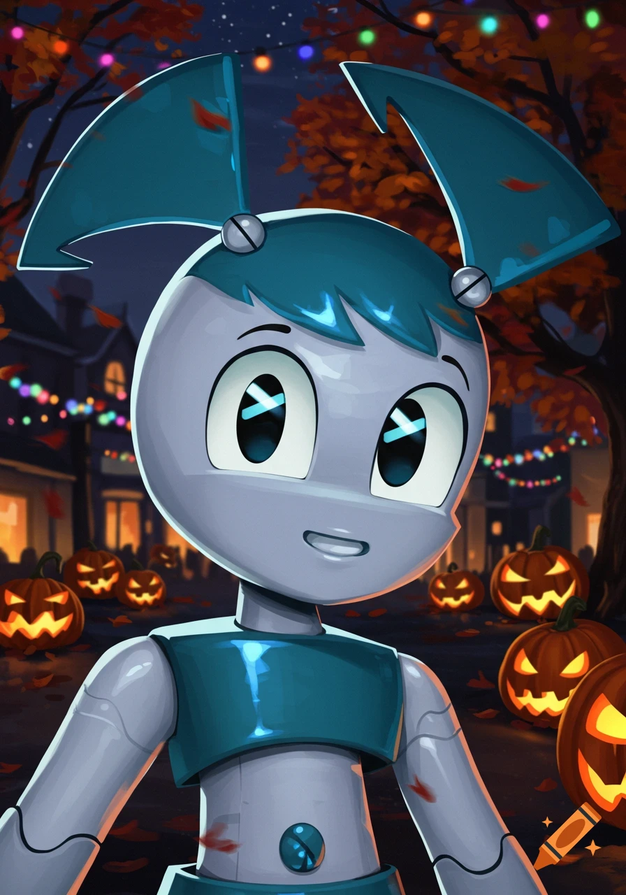 Jenny the robot character stands in a festive Halloween setting with glowing jack-o'-lanterns and autumn trees.