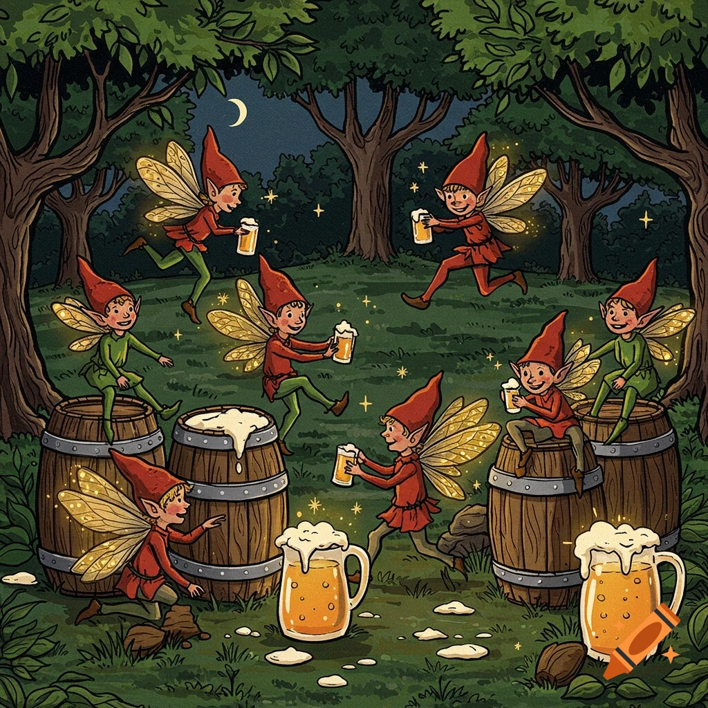 Whimsical illustration of pixies with glowing cider in a moonlit forest, dancing around barrels, in vintage festival poster art style.