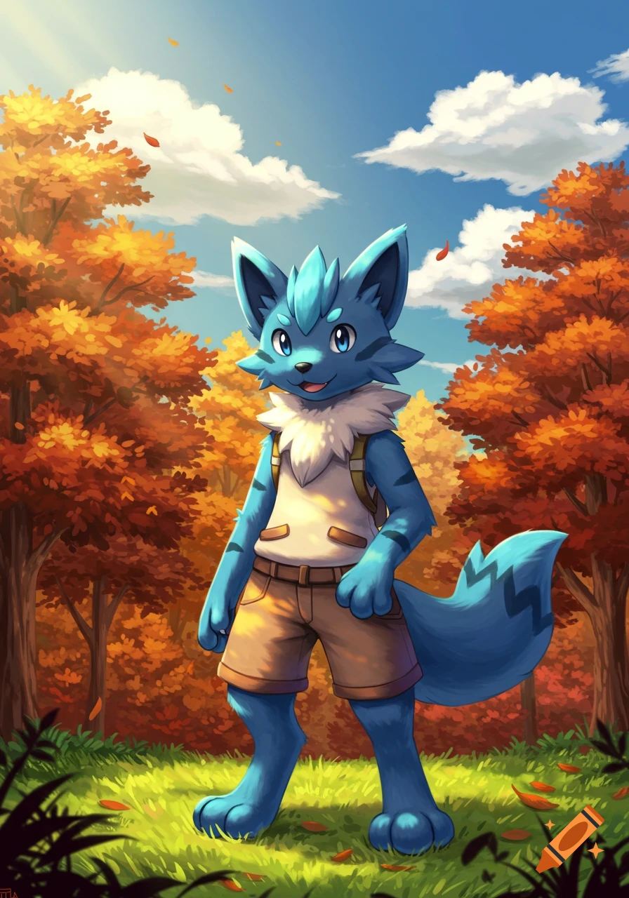 A blue anthropomorphic fox-like creature in a shirt, shorts, and backpack stands in an autumn forest in a Pokemon-like art style.