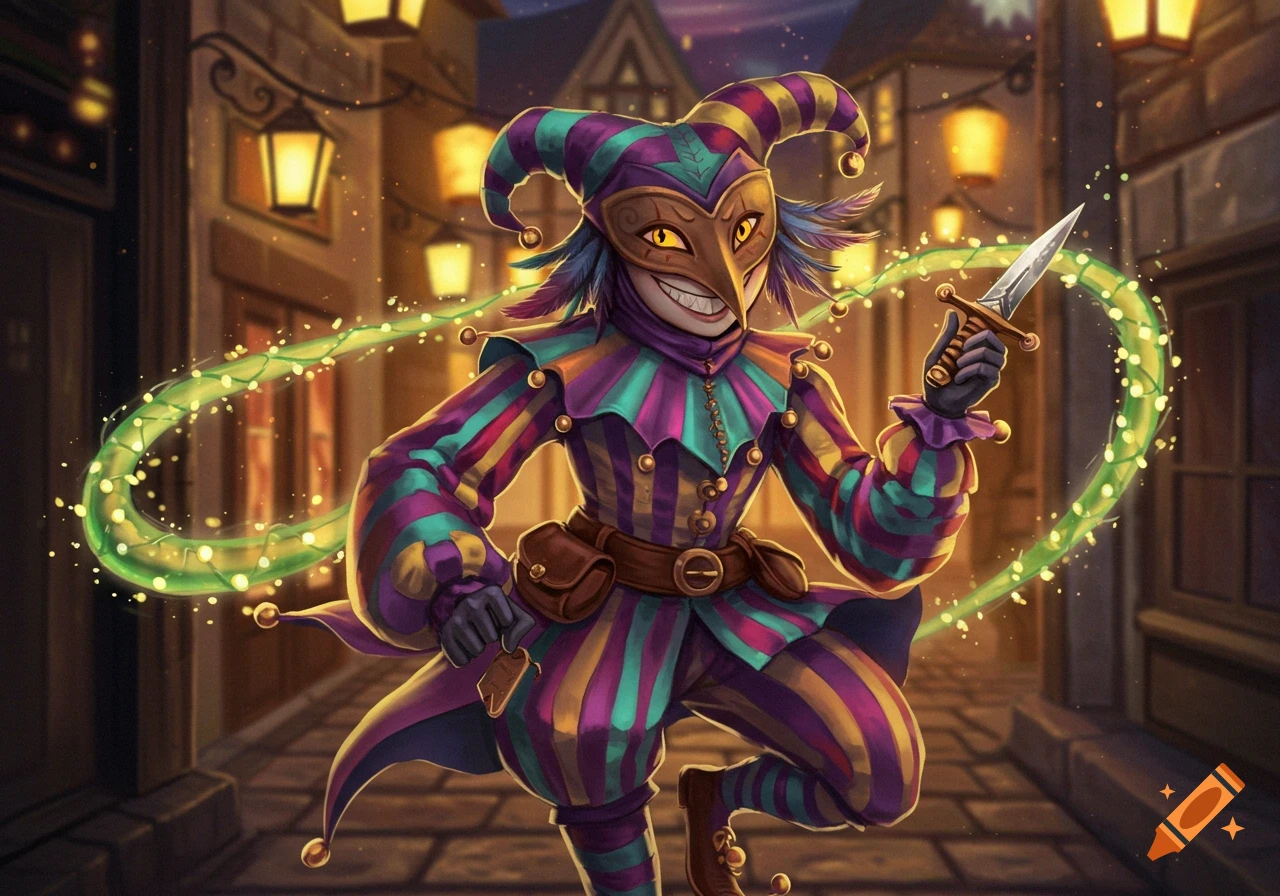 A cartoonish jester in a colorful striped outfit and a masked face with a sly grin, holding a dagger, in a lantern-lit street.