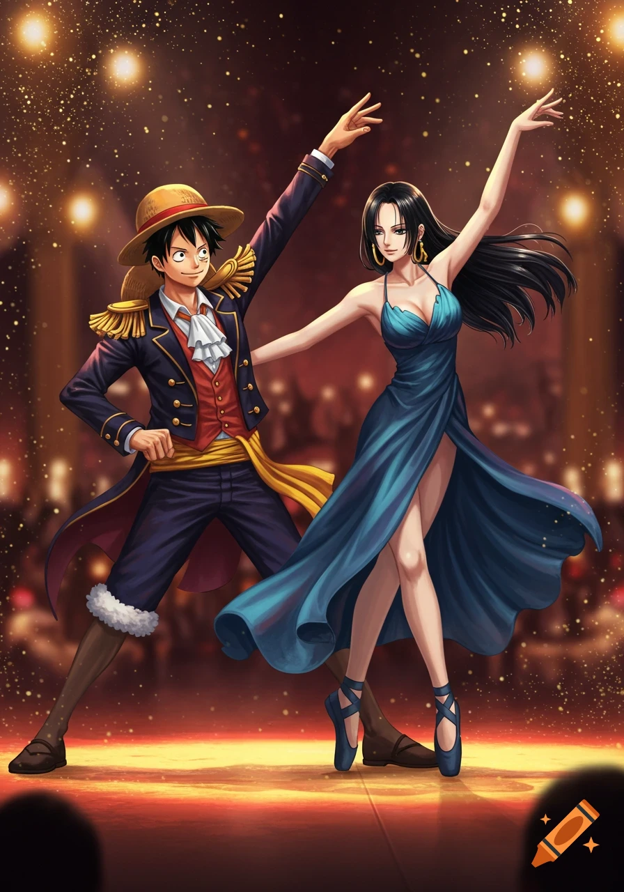 Luffy in a formal uniform and Boa Hancock in a blue dress ballet dancing on a spotlighted stage.