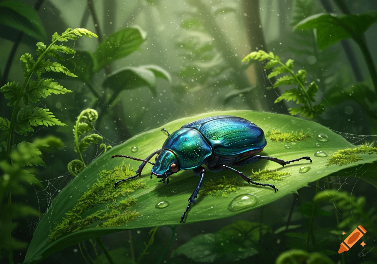 Photorealistic image of a vibrant iridescent blue-green beetle on a large green leaf with water droplets and moss in a lush jungle.
