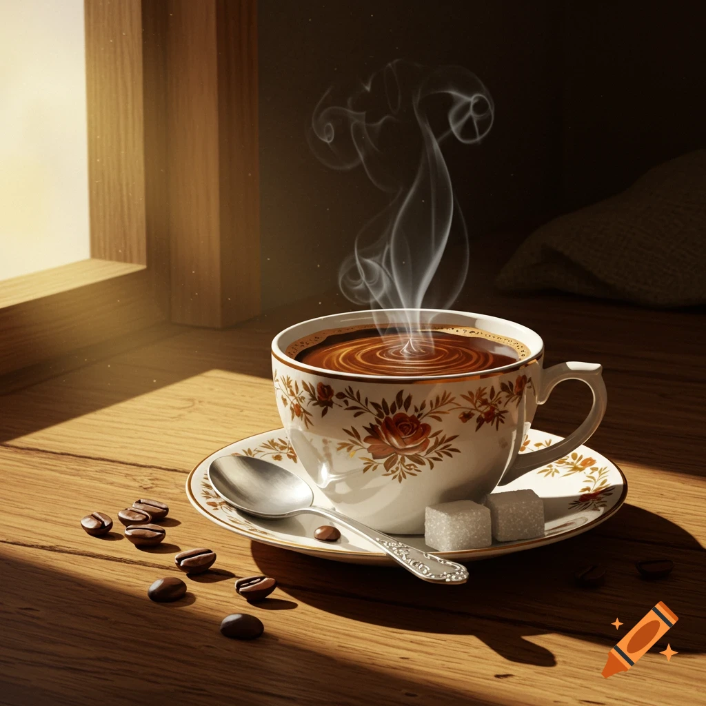 A steaming cup of coffee with a floral pattern sits on a wooden table with coffee beans, sugar, and a spoon, bathed in sunlight from a window.