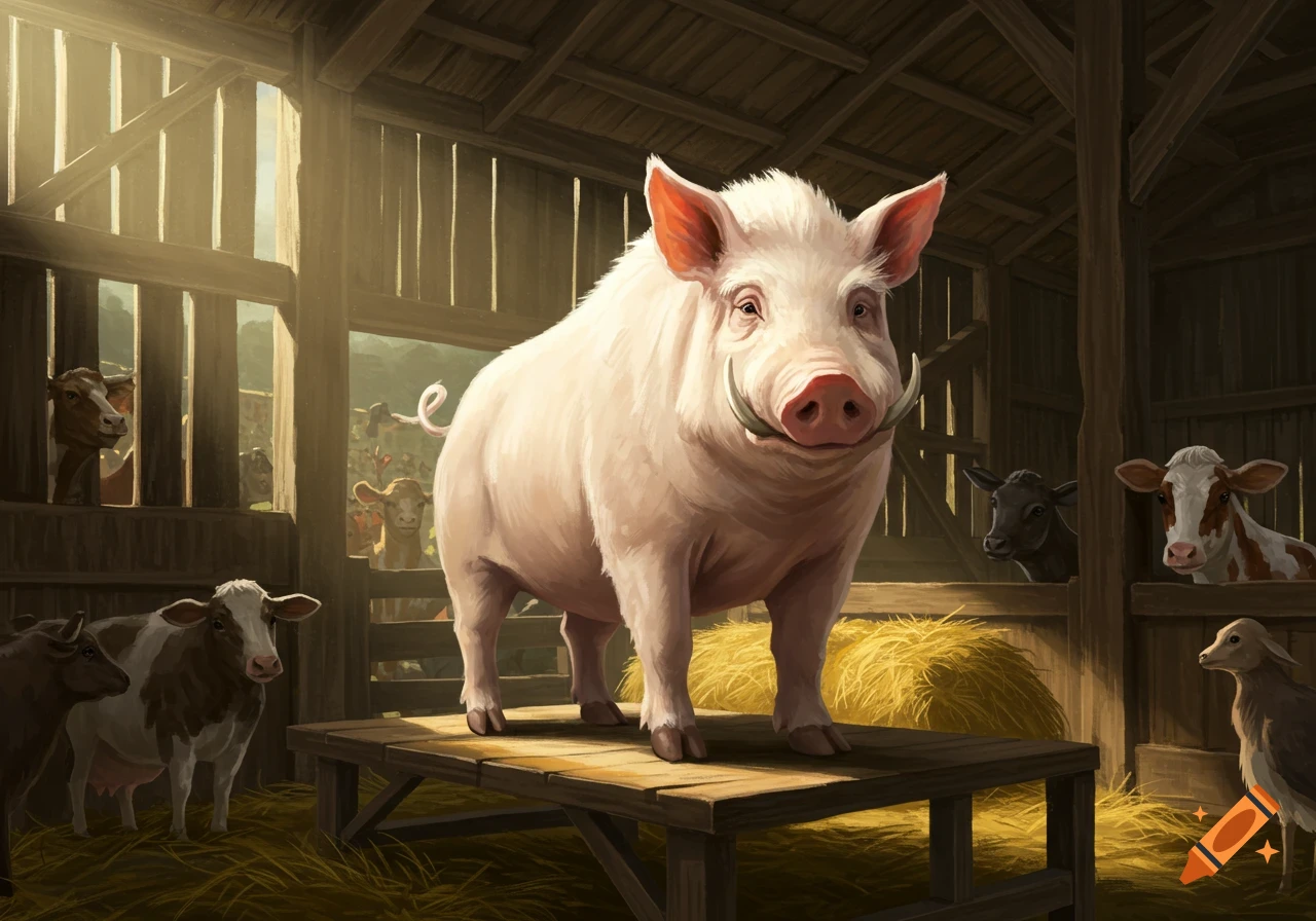 A large white boar with tusks stands on a wooden table inside a rustic barn, surrounded by cows and a goat.