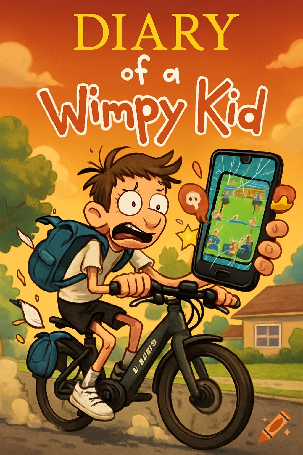 Distressed cartoon kid on an e-bike, holding a cracked smartphone displaying a game. Parody of a Diary of a Wimpy Kid cover.