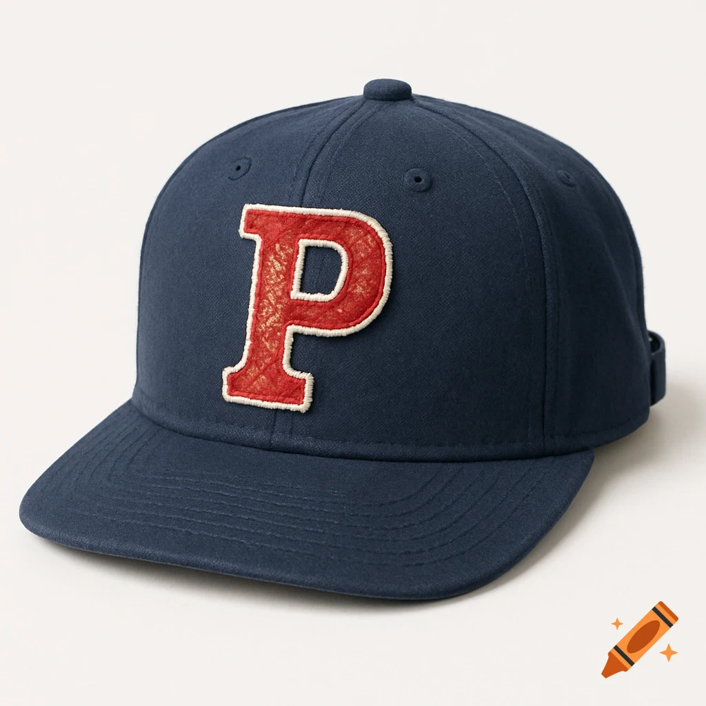 A navy blue baseball cap with a red and white embroidered 'P' logo featuring a distressed design, presented as a product shot on a white background.