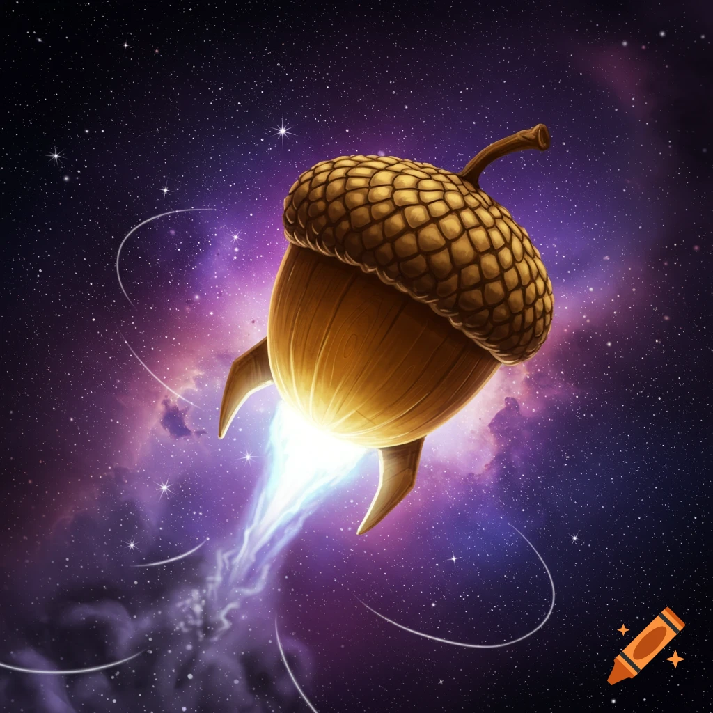An illustrated acorn rocket ship with glowing exhaust flies through a vibrant purple and starry galaxy.