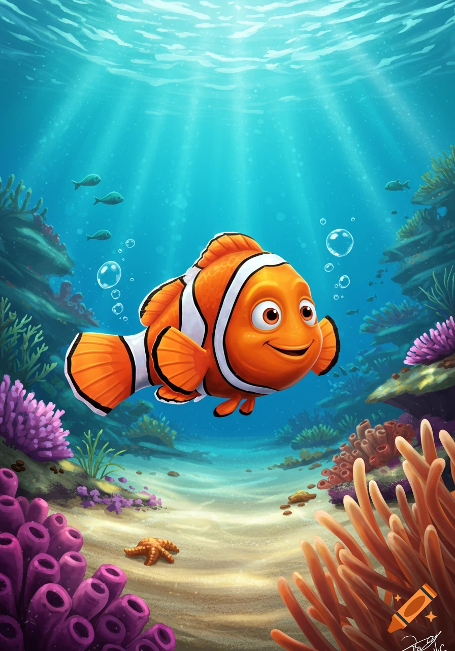 Cartoon clownfish swimming in a vibrant coral reef underwater scene with sunrays from above.