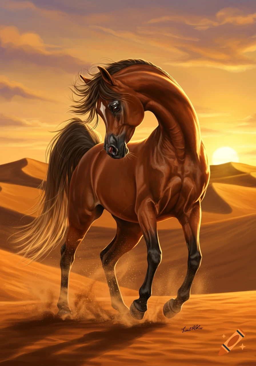 Brown Arabian horse with flowing mane running in a golden desert at sunset, illustrated.