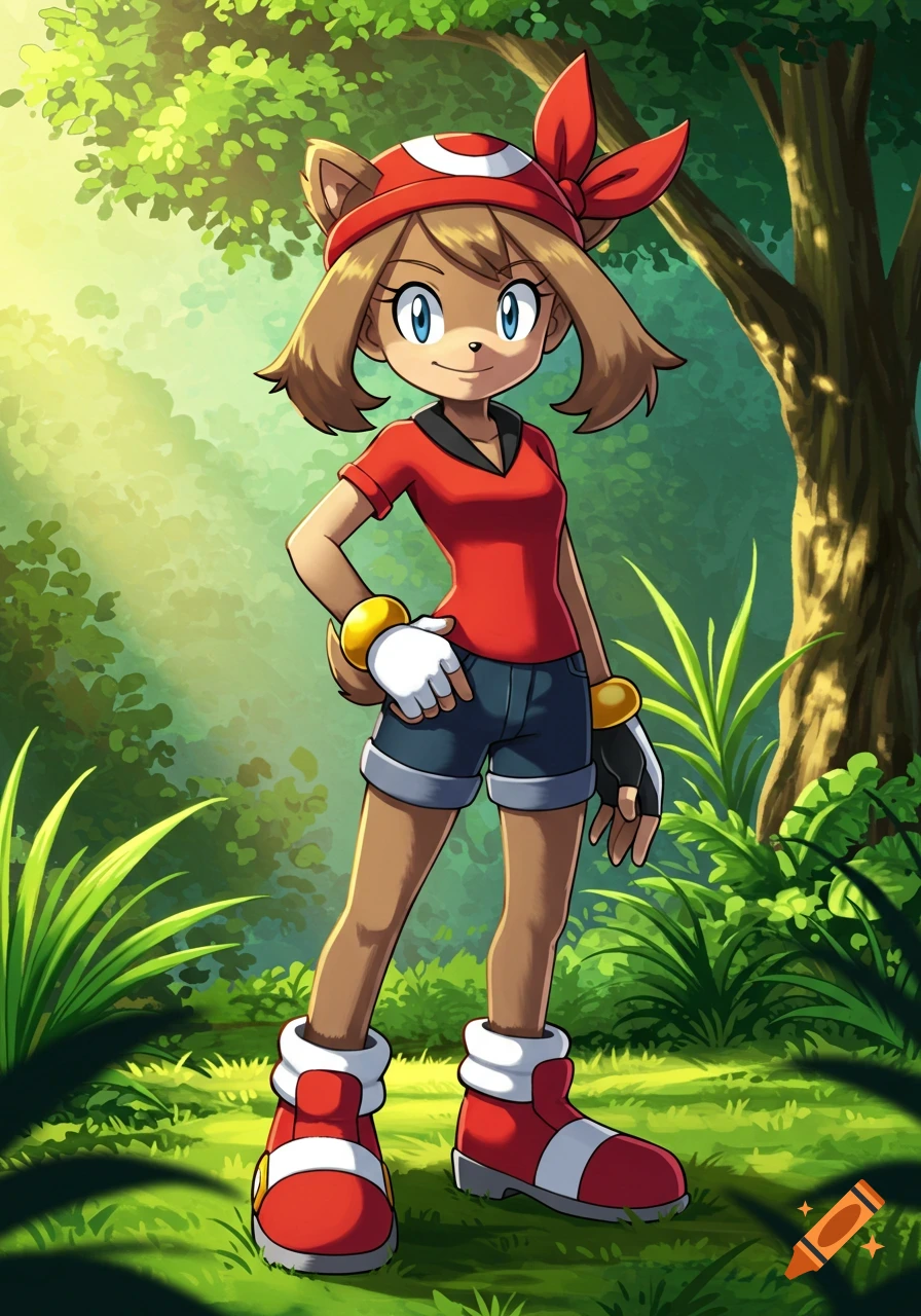 Anime illustration of a cartoon girl resembling May from Pokémon as an anthropomorphic hedgehog, wearing red and blue clothes, standing in a forest.