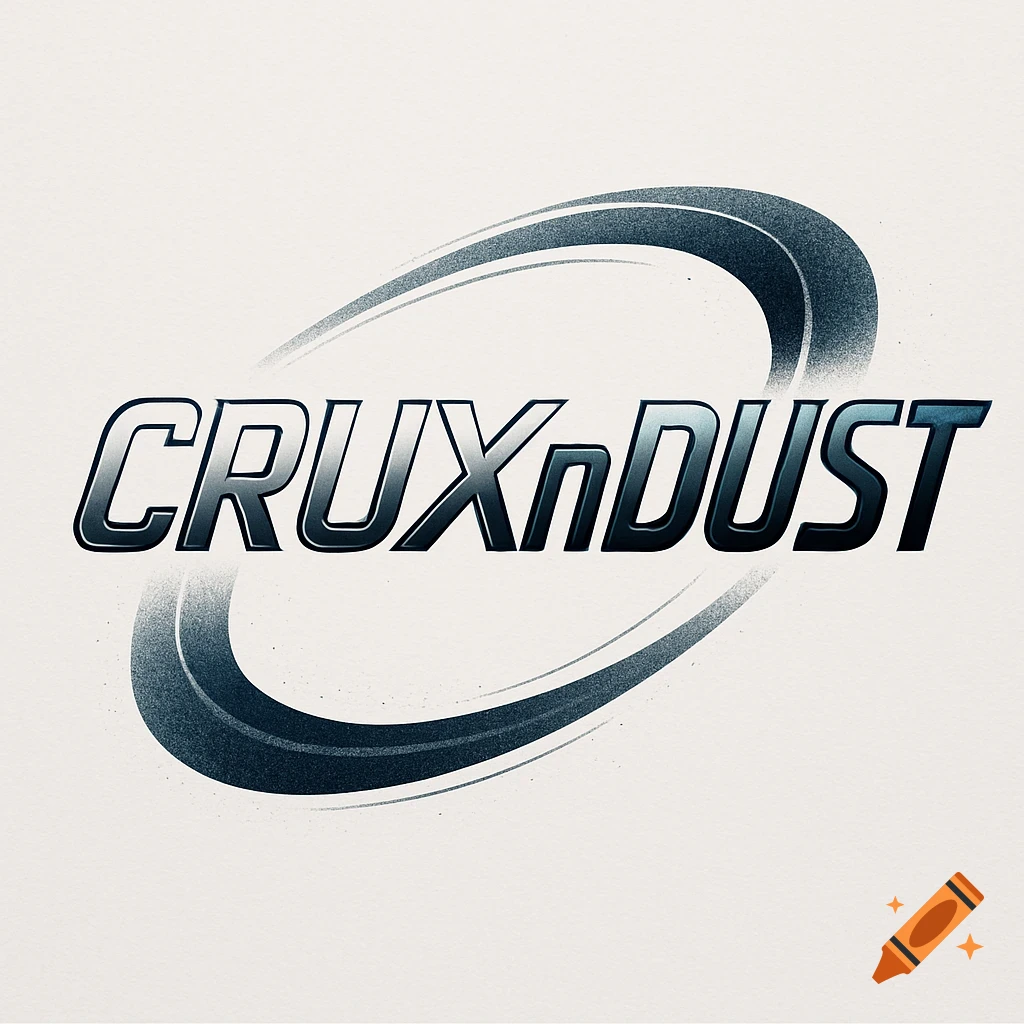 A stylized logo featuring the text 'CRUXnDUST' in metallic, italicized letters, with curved grey swoosh elements on a textured off-white background.