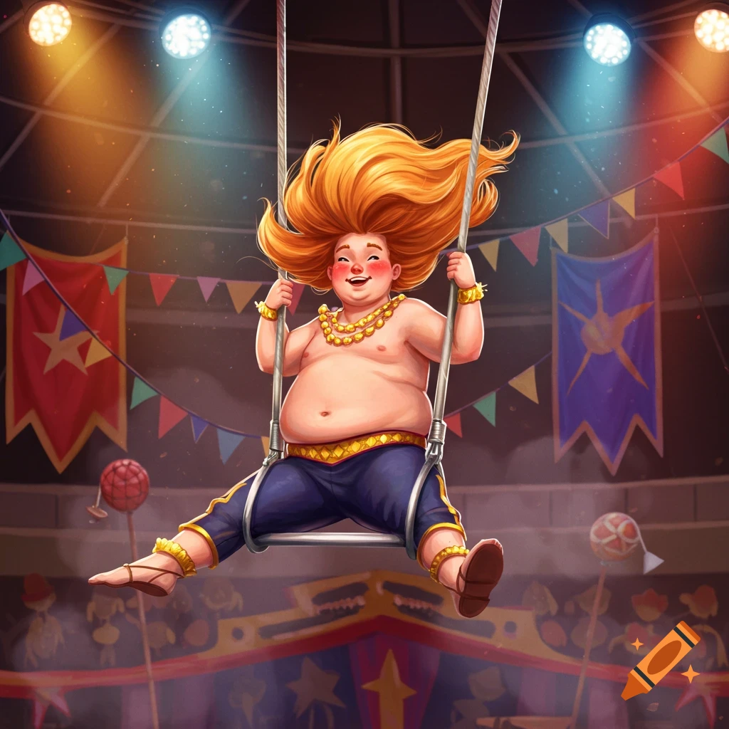 A happy, cartoonish, red-haired man with a plump belly swings on a trapeze under circus spotlights.